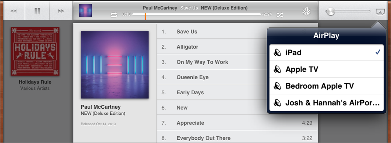 **Figure 22:** Activate AirPlay by tapping the AirPlay icon in any app that supports it internally, like the iOS 6 Music app above.