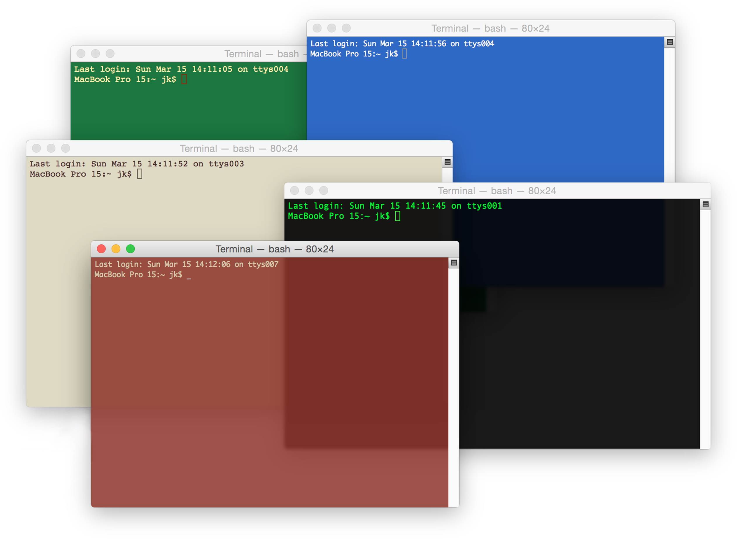 **Figure 3:** Terminal windows can take on many themes; this image shows several of the stock themes. (The exact appearance depends on which version of Mac OS X you&rsquo;re running.)