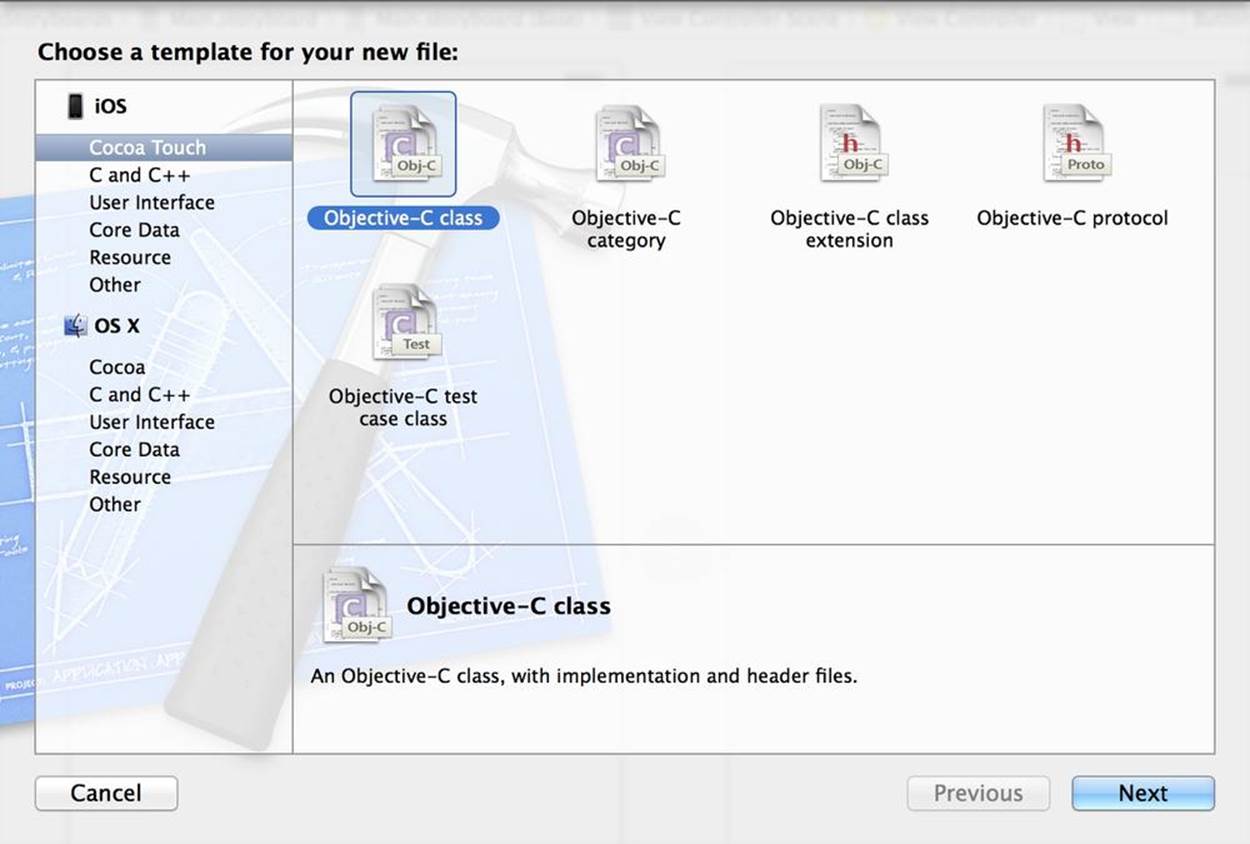 Selecting the ‘Objective-C subclass’ template.