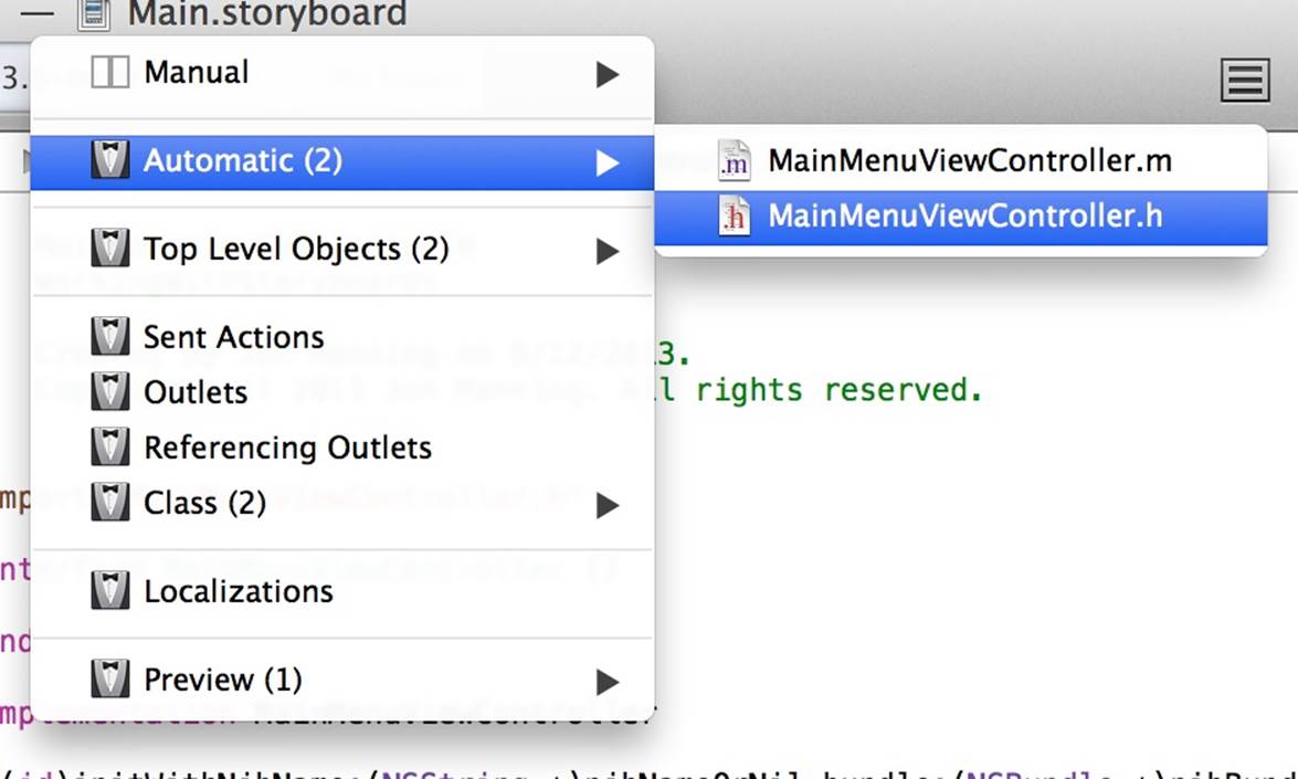 Selecting +MainMenuViewController.h+ in the Assistant.