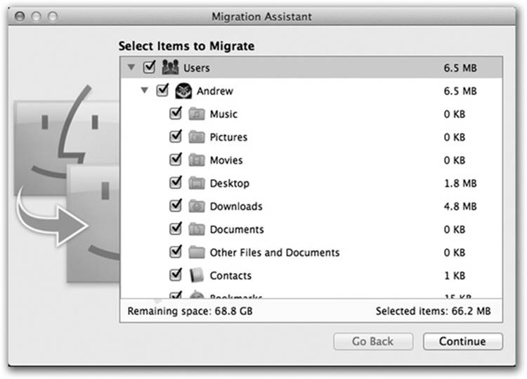 The Mac shows the stuff on your PC.These include checkboxes for the other user accounts, but you can&rsquo;t transfer them right now&mdash;it&rsquo;s a one-account-at-a-time thing. To transfer someone else&rsquo;s stuff, you&rsquo;ll have to log into your PC as that person and repeat this whole procedure. The copying process can take a very long time&mdash;hours. The &ldquo;time remaining&rdquo; indicator may not be especially accurate.