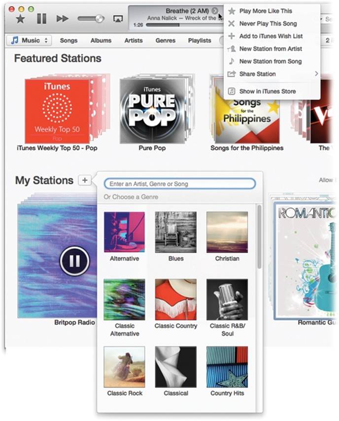 This composite illustration shows the most useful parts of iTunes Radio.Top: You can&rsquo;t fast-forward or rewind within a Radio song. The progress bar is just a graph that shows you where you are in the song. The numbers on either side show you how far you are into the song and how much is left to play.What you can do, though, is click the > button to open this secret menu. Play More Like This and Never Play This Song let you fine-tune your &ldquo;radio station,&rdquo; tailoring it precisely to your tastes.Bottom: Here&rsquo;s how you create a new station. Click a genre tile or type in a &ldquo;seed&rdquo; performer.
