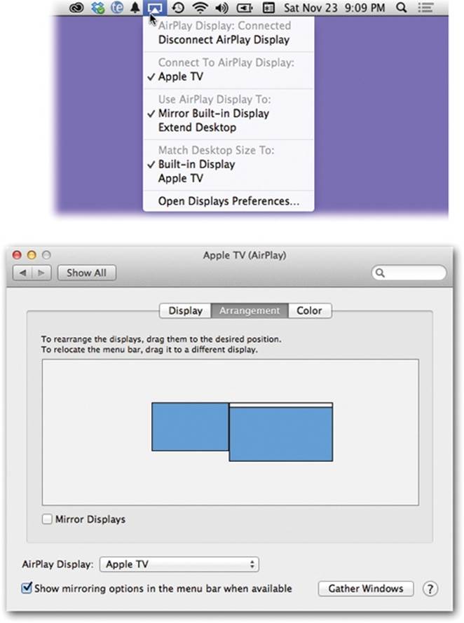 Top: Use the menulet to control whether the TV displays a mirror image of your Mac or an extension of it. To stop sending your Mac&rsquo;s A/V to your TV, choose Disconnect AirPlay Display from the same menulet.Bottom: Whenever two monitors are going, the Arrangement tab lets you specify which one gets the menu bar, and where the monitors think they are relative to each other.