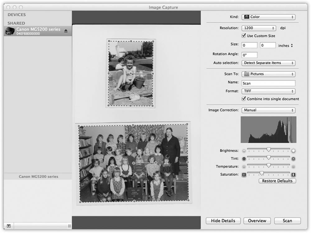 When you use the Show Details button, you get a new panel on the right, where you can specify all the tweaky details for the scan you&rsquo;re about to make: resolution, size, and so on. See how the photos have individual dotted lines around them? That&rsquo;s because Detect Separate Items is turned on. These will be scanned into two separate files.