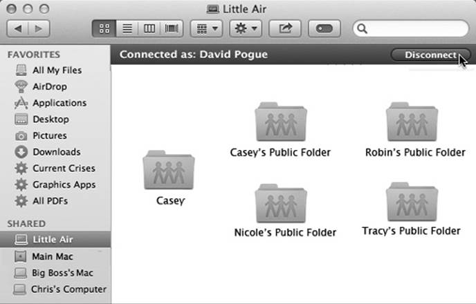 To disconnect from a shared network disk or folder, click the other computer&rsquo;s icon in the Sidebar. Then click Disconnect at the top-right corner of the window.