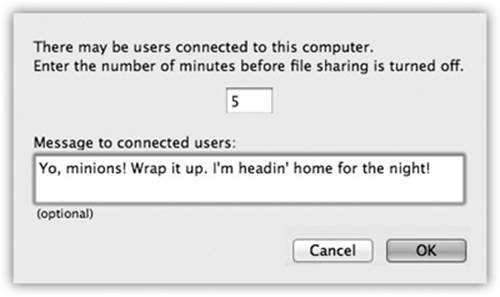 This dialog box asks you how much notice you want to give your coworkers that they&rsquo;re about to be disconnected&mdash;and what message to send them before the ax falls.