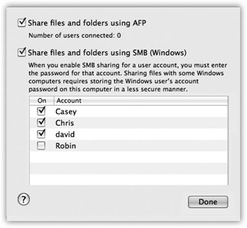 Prepare your Mac for visitation by the Windows PC. It won&rsquo;t hurt a bit. The system-wide On switch for invasion from Windows is the second checkbox shown here, in the System Preferences&rarr;Sharing&rarr;File Sharing&rarr;Options box.Next, turn on the individual accounts of people you want to allow to connect from the PC. You&rsquo;ll be asked to enter their account passwords, too. Click Done when you&rsquo;re done.