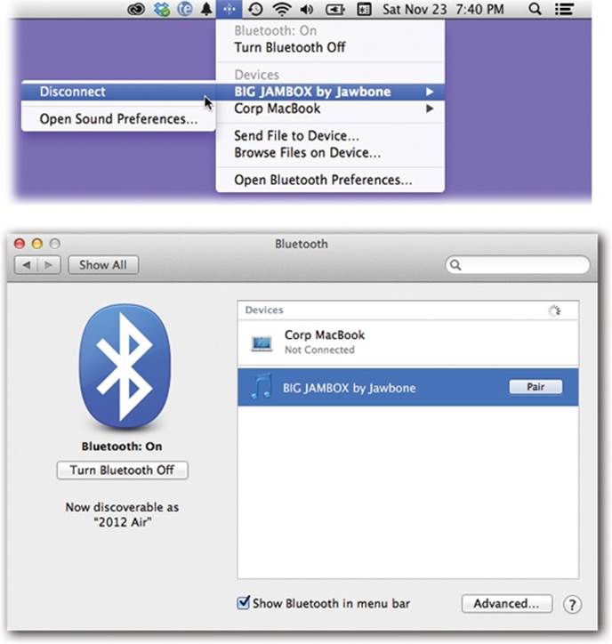 Top: Use this menulet to connect to and disconnect from Bluetooth gadgets.Bottom: The Bluetooth panel scans the area for Bluetooth gadgets and, after a moment, lists them. Click Pair when you see the one you want.