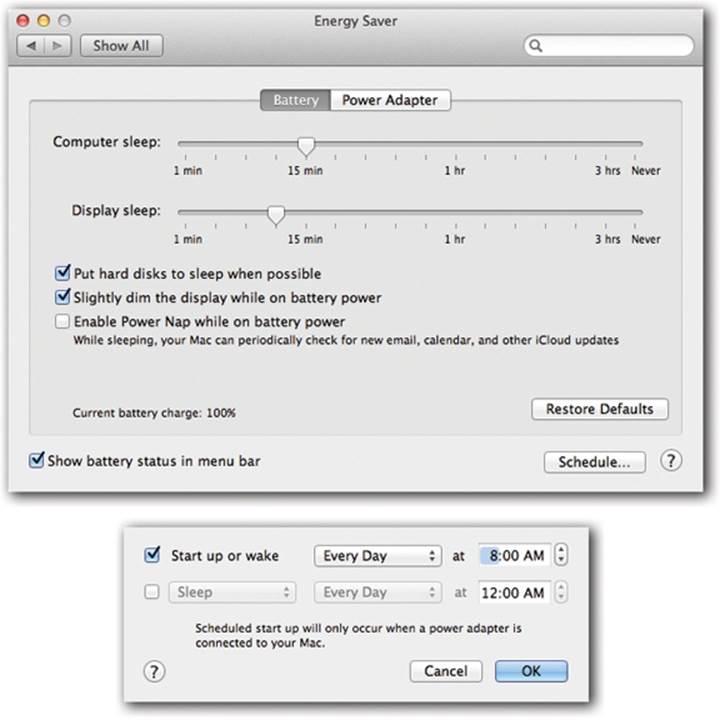 Top: Here&rsquo;s what Energy Saver looks like on a laptop. In the &ldquo;Display sleep&rdquo; option, you can specify an independent sleep time for the screen.Bottom: Here are the Schedule controls&mdash;the key to the Mac&rsquo;s self-scheduling abilities.