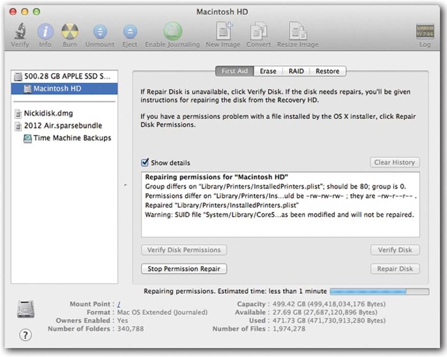 Click your hard drive&rsquo;s name in the left-side list, click the First Aid tab, click Repair Disk Permissions, and then read an article while the Mac checks out your disk. If the program finds anything amiss, you&rsquo;ll see messages like these. Among the text, you may recognize some Unix shorthand for read, write, and execute privileges.