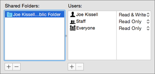②  Add shared folders and specify user permissions in this portion of the window. You can also change user permissions using the pop-up menu next to the user&rsquo;s name, or click the minus   button to delete a user.