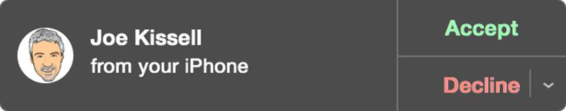 ①  An alert like this appears on your Mac when you have an incoming call routed from your iPhone. Click Accept to answer it.