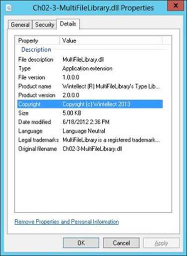 The Details tab of the Ch02-3-MultiFileLibrary.dll Properties dialog box.