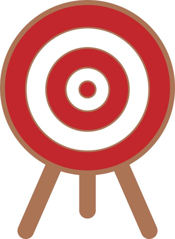 Drawing of an archery target on a stand. The target has concentric circles alternately black and white.
