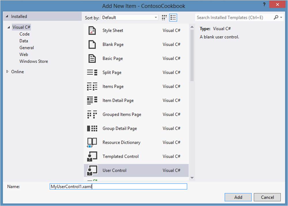 A screenshot of the Add New Item dialog. The User Control item is selected from a list.