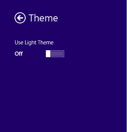 A screenshot of the settings flyout implemented using a Popup control for a Windows Store app. The screenshot shows the Use Light Theme option with an On/Off toggle switch.