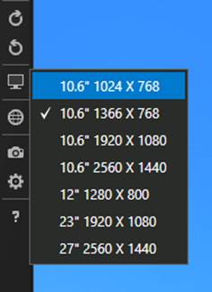 A screenshot of the Windows Simulator showing various screen sizes and resolutions. Six options are shown, which range from 10.6&rdquo; 1024 &times; 768 to 27&rdquo; 2560 &times; 1440.