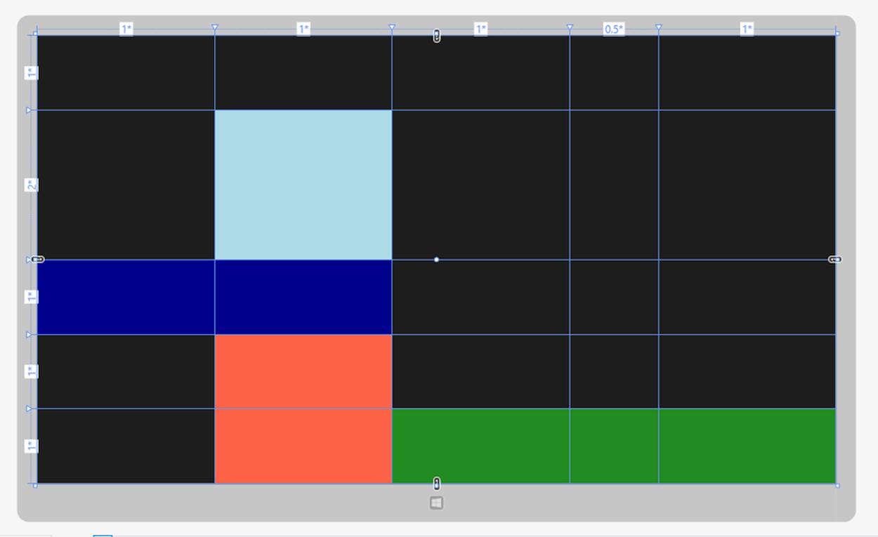 A screenshot of the Visual Studio designer showing the layout of controls in a grid with rows and columns configured with proportional width and height.