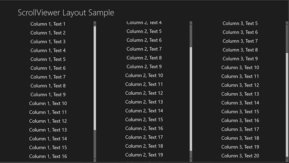 A screenshot of an app with three columns. Each column has more content than can be displayed on one page. Each column has a scroll bar to the right.