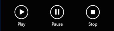 A screenshot of the app bar for a Windows Store MP3 player app in the snapped view state. The snapped app displays only the Play, Pause, and Stop buttons, which are relatively close together.