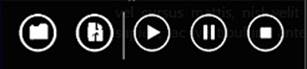 A screenshot of the app bar for a Windows Store MP3 player app in the snapped view state with VisualStates used for the buttons. The buttons, from left to right, are Folder, Open File, Play, Pause, and Stop. The Folder and Open File buttons are separated from the other buttons by a separator bar. All buttons are relatively close together. The buttons do not have labels.