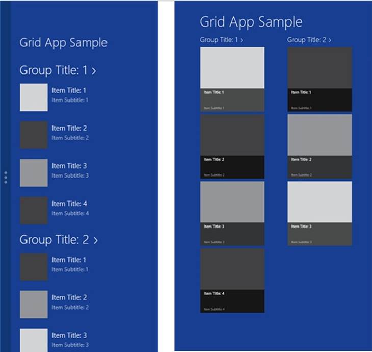 Screenshots of the ListView control used in the Grid App template. The sample page on the left is in snapped view; the sample page on the right is in full screen portrait view. The ListView control lays out items in the vertical direction that are viewed by scrolling or panning using swipe gestures.