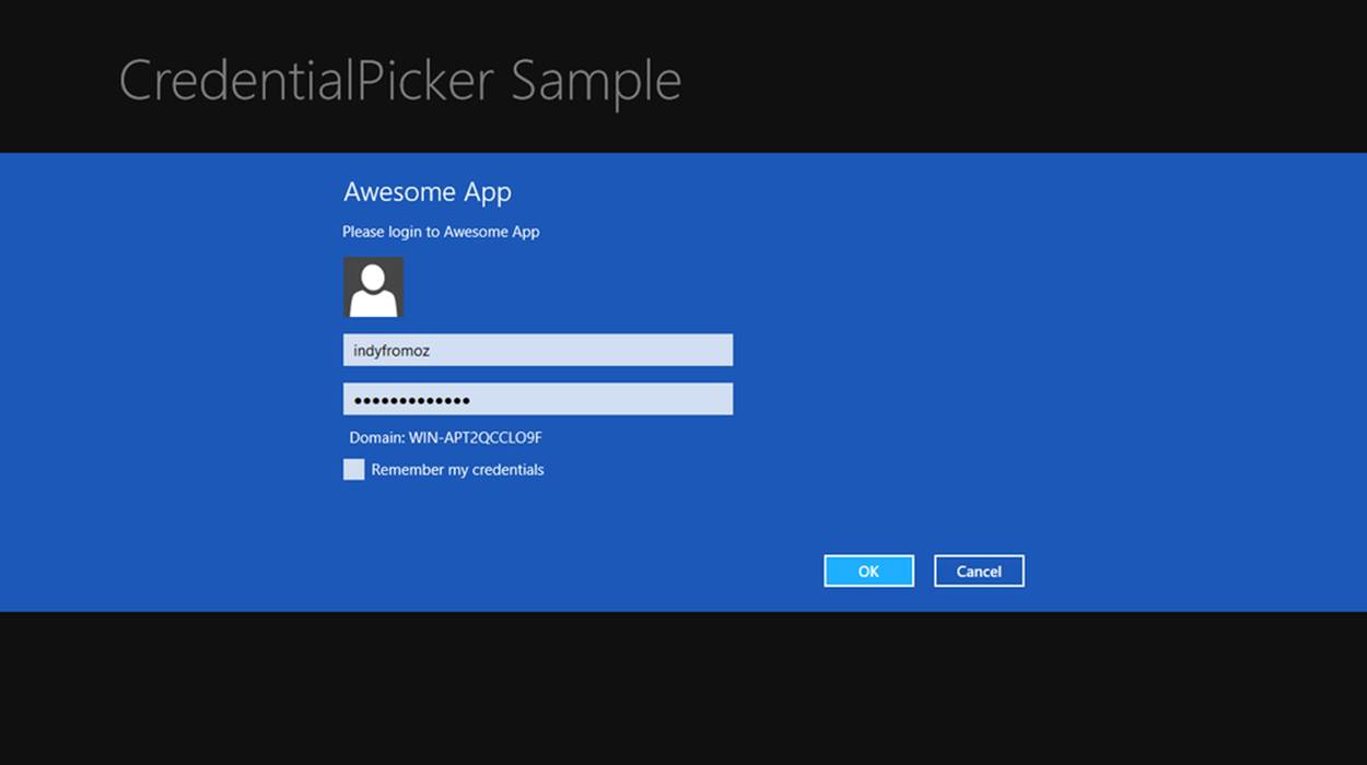 A screenshot of the dialog box in the Awesome App application that requests the user&rsquo;s credentials. The dialog box includes a placeholder for the user&rsquo;s photo, an input box for the user name, an input box for the password, a &ldquo;Remember my credentials&rdquo; checkbox, and OK and Cancel buttons.