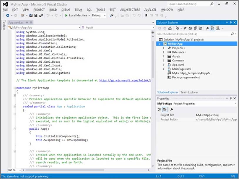 A blank Windows Store app in Solution Explorer.