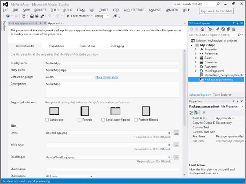 Visual Studio application manifest designer.