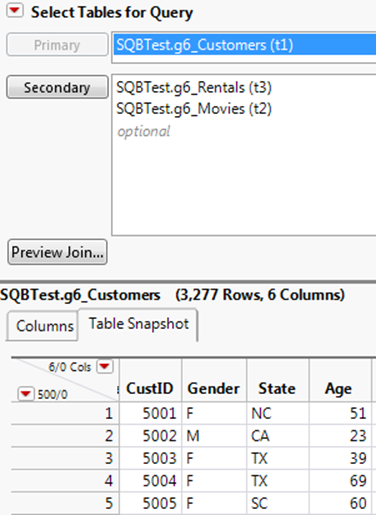 Matched Rows on the Table Snapshot Tab