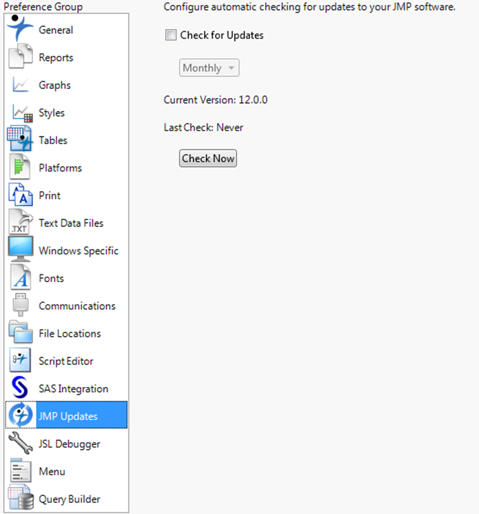 JMP Updates Preferences