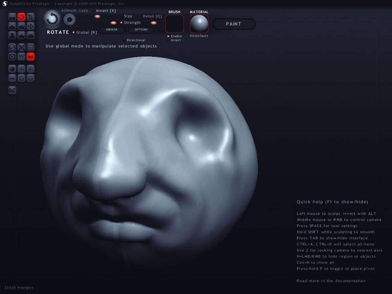 Pixologic&rsquo;s Sculptris allows you to sculpt 3D models like blobs of clay. Tooltips have names like crease, inflate, smooth, pinch, and flatten.