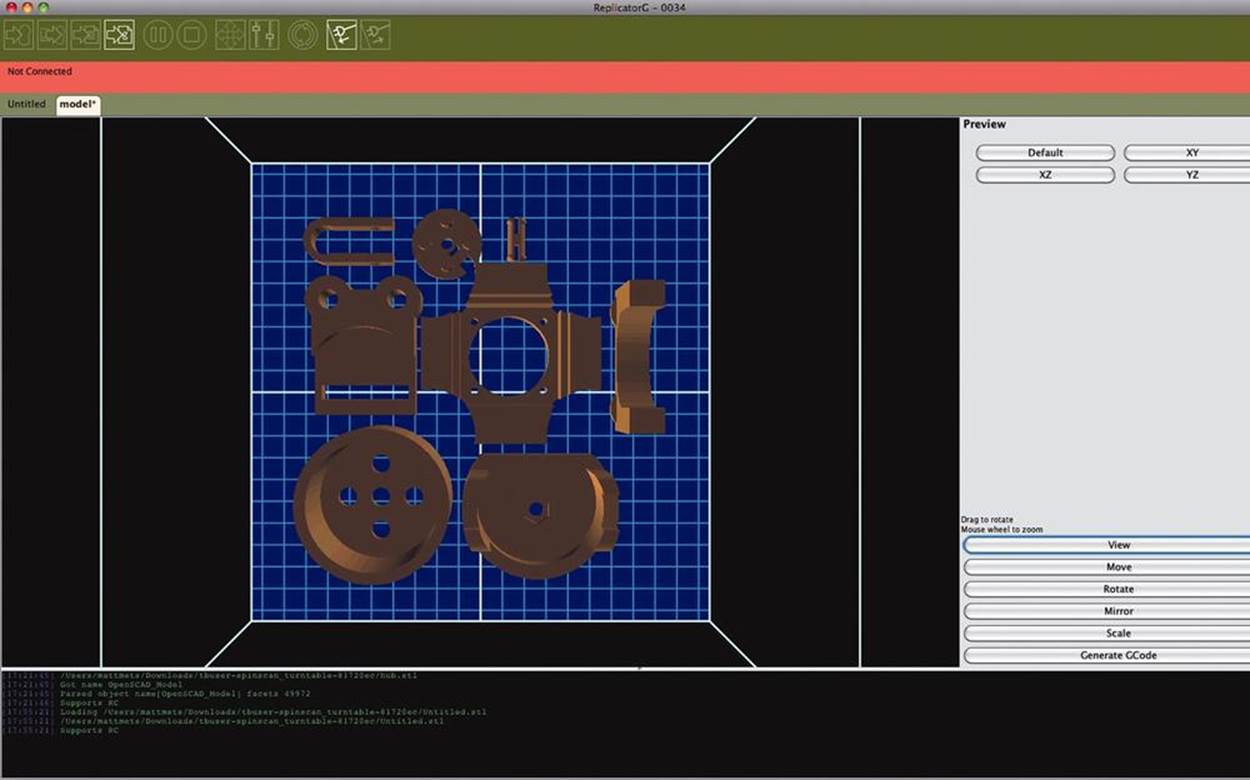 Laying out a build plate in ReplicatorG. All of these parts will print simultaneously.