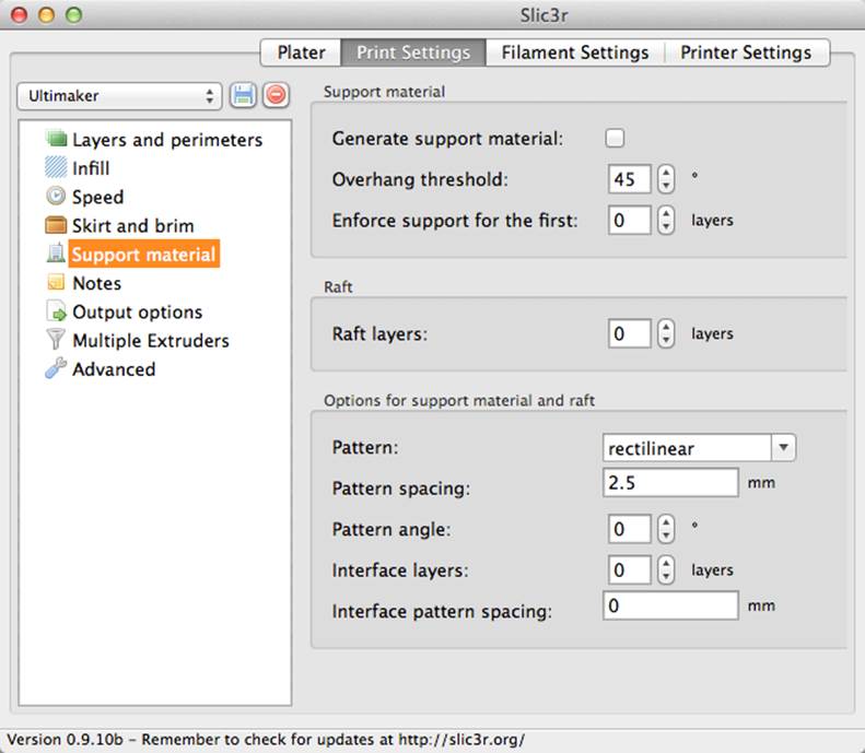 Configuring support material