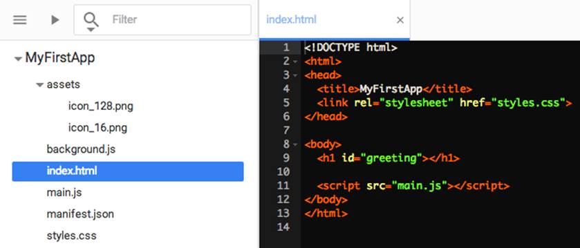 index.html as created with the Chrome Dev Editor