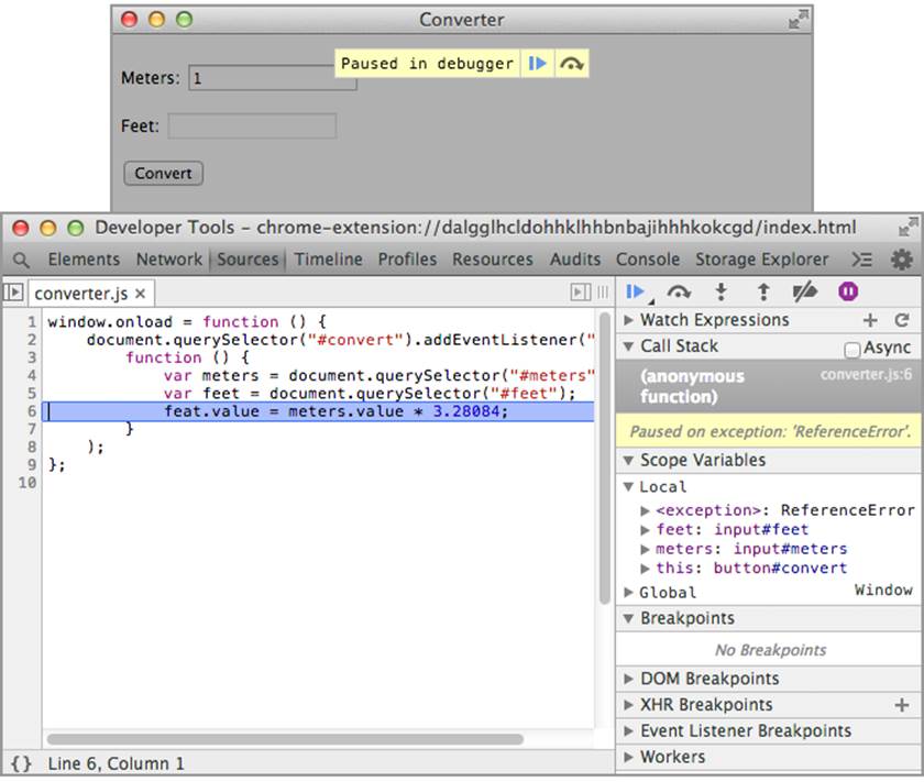 The Developer Tools debugger gives the location of a bug