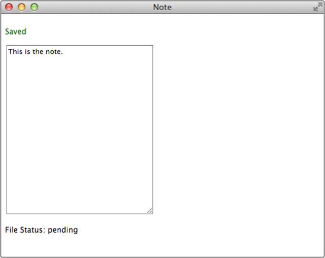 Note app showing file status after text has been typed