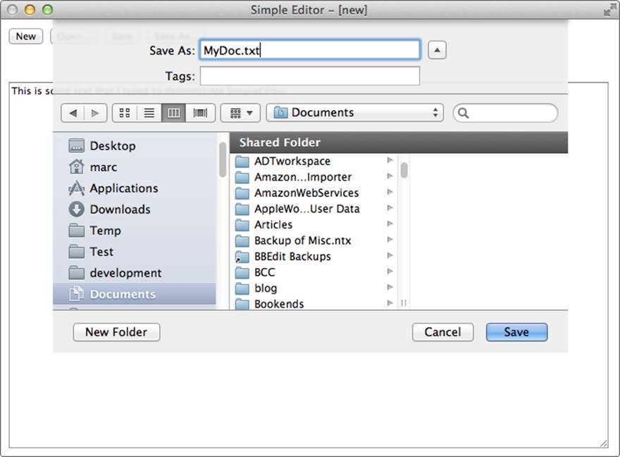 The Simple Editor save-file dialog