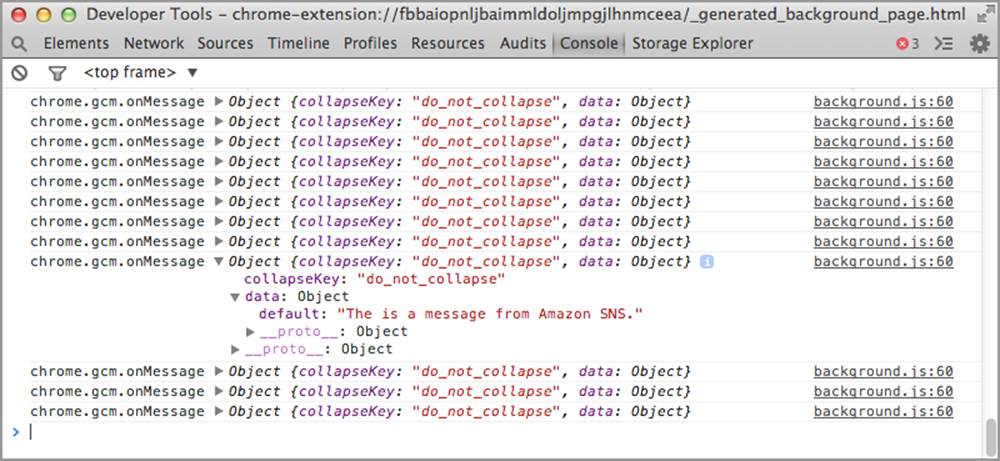 Console log from Chrome App showing a message