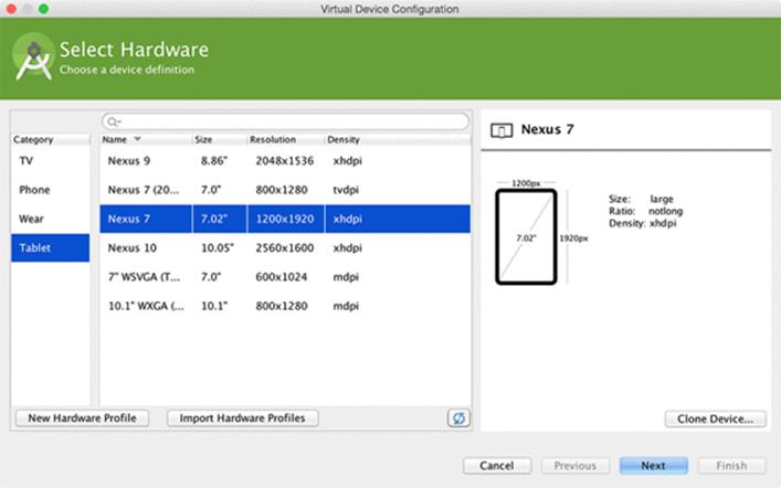 Device selections for a tablet AVD