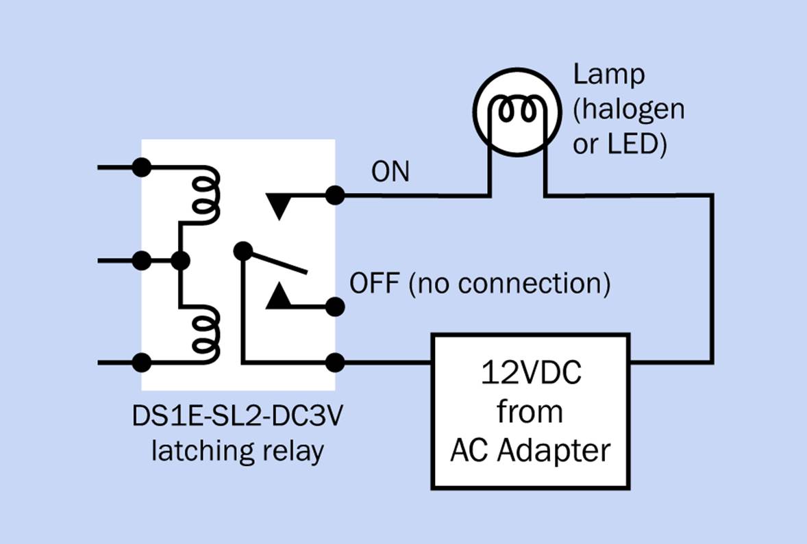 After the circuit has been fully tested, the LED indicators can be removed from the relay, and a lamp can be connected as shown here.