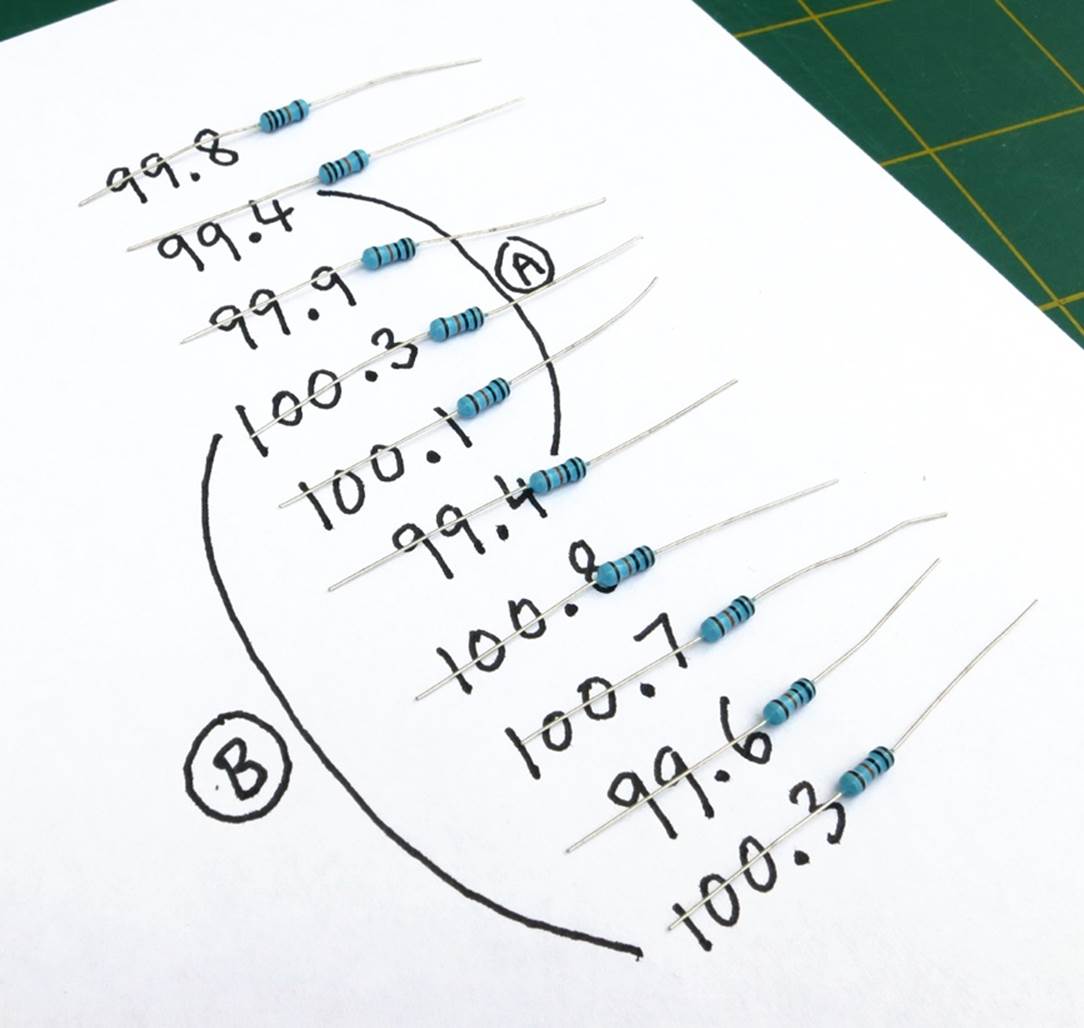 Finding two matching pairs of 100K resistors.
