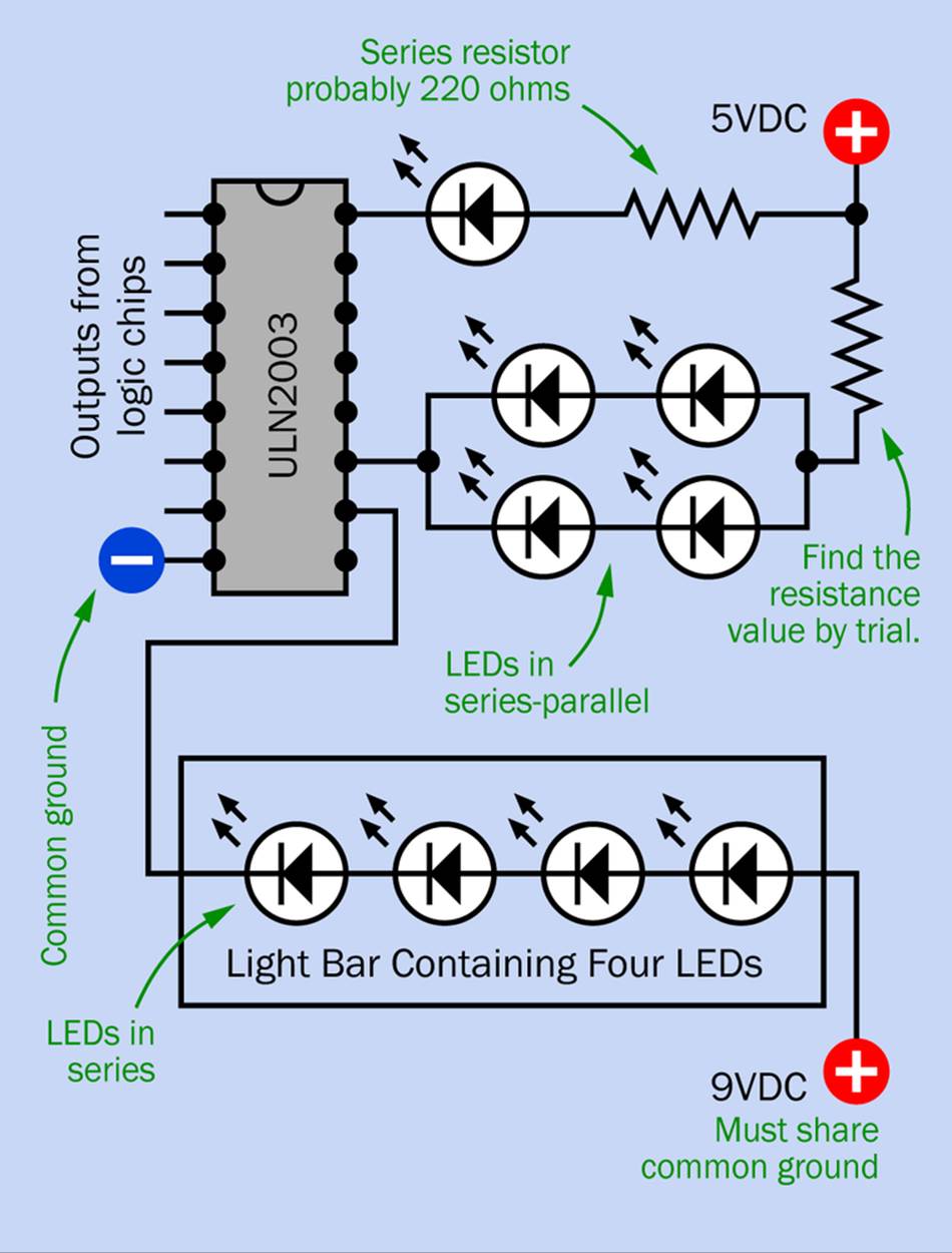 Three different options to wire LEDs with a Darlington array.