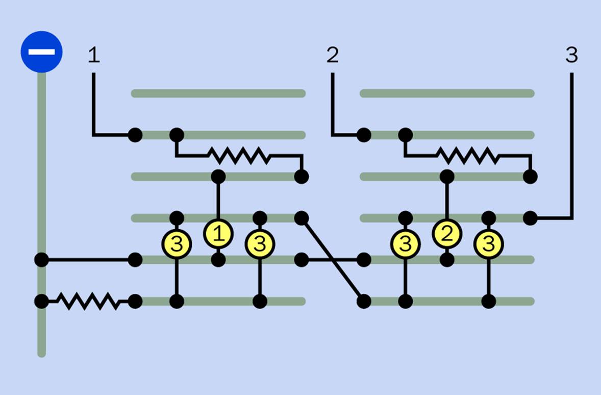 How to wire two LEDs that are driven individually by shift registers 1 and 2, and four LEDs wired in series-parallel, driven by shift register 3. If your LEDs do not contain their own resistors, adjust the series resistors so that each draws no more than 8mA.