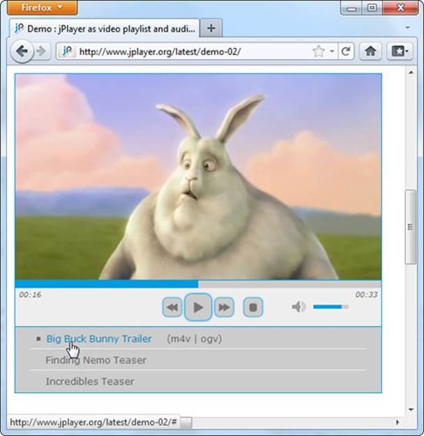 Using jPlayer’s playlist feature, you can offer a series of audio or video files. The user can then play them all in sequence or click to play a specific one. The example playlist here has three videos.