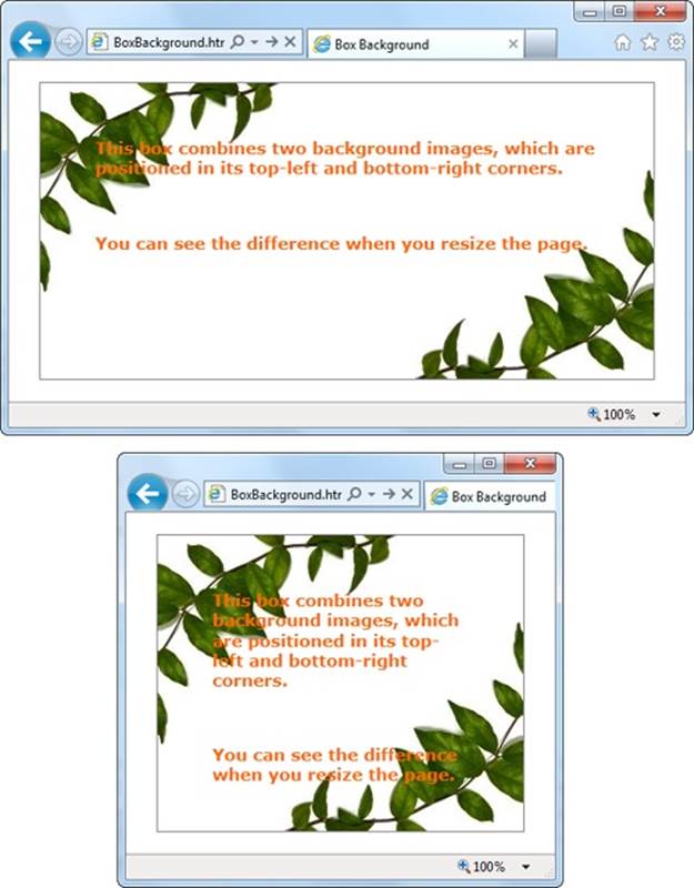 It doesn’t matter how big this box grows—the two background images stay fixed at either corner.