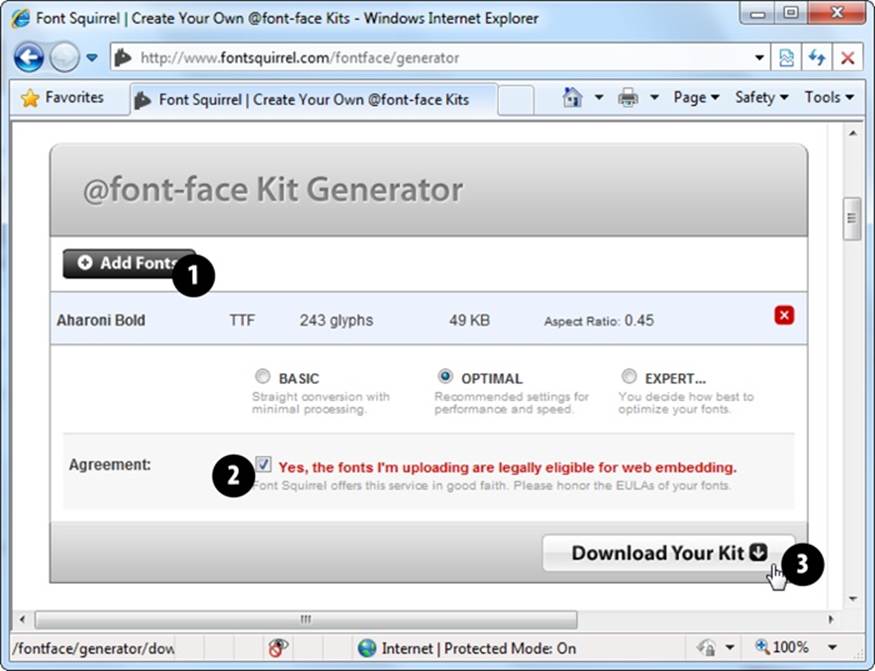 First, click Add Fonts to upload a font file from your computer (#1). Then, add a checkmark to the setting “Yes, the fonts I’m uploading are legally eligible for web embedding,” assuming you’ve reviewed their license requirements, as described on page 211 (#2). Finally, click Download Your Kit (#3).
