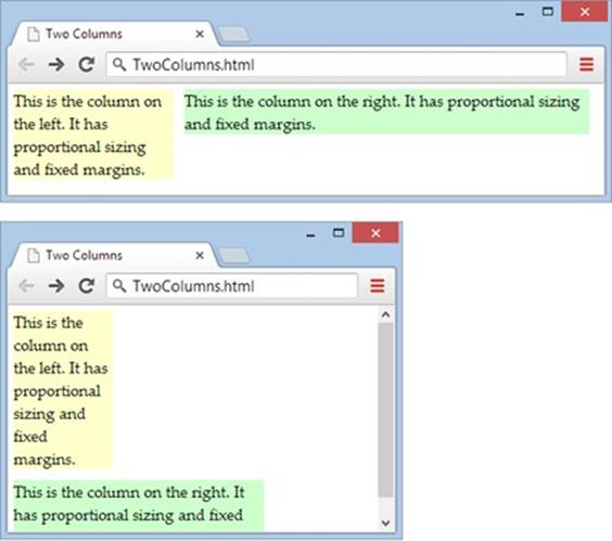 Proportionally sized columns and fixed margins don’t mix. Make the window too small, and the margins crowd out the second column.