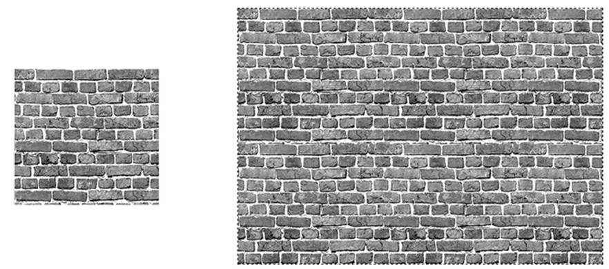 Left: An image that holds a single tile.Right: The pattern created by tiling the image over an entire canvas.