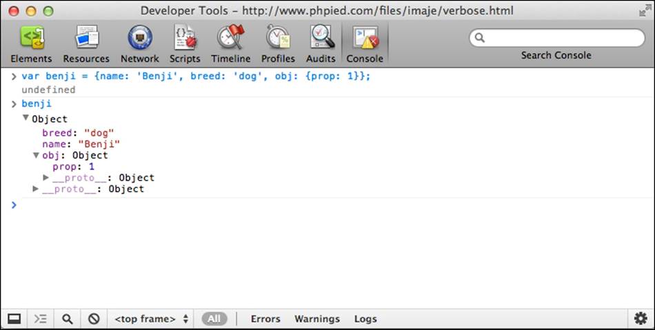 Objects in the WebKit console